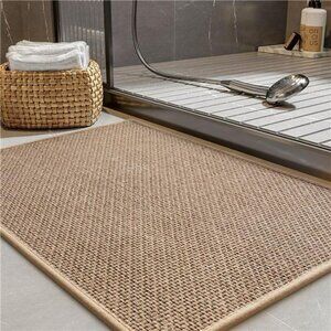 Beige non slip bath mat absorbent quick dry washable bathroom rug thin floor mat